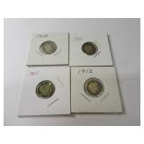 Lot (4) 1910/11/12 Barber Silver Dimes sleeved