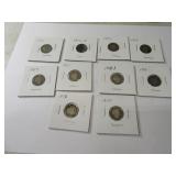 Lot (10) Barber Head Silver Dimes in sleeves