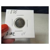1875 US Dime Silver Coin in sleeve