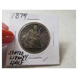1874 Seated Liberty Half Dollar Silver Coin in slv