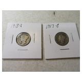 1917s & 1918s Silver Mercury Dimes in sleeves
