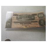 1864 Authentic $10 Confederate Note Bill