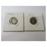 1912 & 1913 Barber Silver Dimes in sleeves