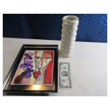 Lot (2) Kiss~Lip Decor Picture & Signed Vase