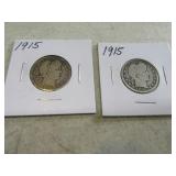Lot (2) 1915 Barber Head silver Quarters Coins