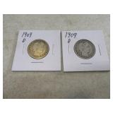 Lot (2) 1909d Barber Head silver Quarters Coins