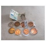 Lot Vtg Tokens & Coins + $5Euro Bill