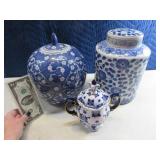 Lot (3) Blue~White Pottery Covered Jars Decor