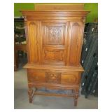 Vtg 38" Oak NEAT 2pc Side Cabinet Upright Carved