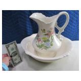 Vintage 12" Pitcher & Bowl w/ Scene Pottery