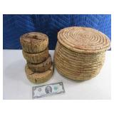 10" Covered Woven Basket & (4) Cork Antique Floats