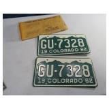 Pair 1962 COLORADO Matching License Plates "B"
