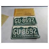Pair 1962 COLORADO Matching License Plates "D"