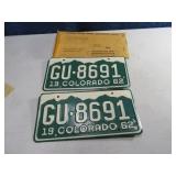 Pair 1962 COLORADO Matching License Plates "E"