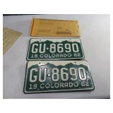 Pair 1962 COLORADO Matching License Plates "F"