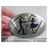 Belt Buckle: Dancing Blue GermanSilver Inlaid Vtg