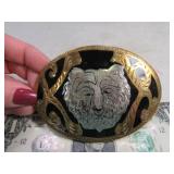 Belt Buckle: Grizzly Bear Head Silver w/ GoldInlay