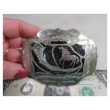 Belt Buckle: HORSE German Silver Blk Inlay SIGNED