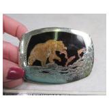 Belt Buckle: BEAR CATCHING FISH Silver Inlaid $$