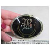 Belt Buckle: "B" Inlaid Black/Gold Silver Polished