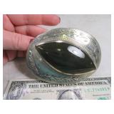 Belt Buckle: GREEN STONE Silver Inlaid Stunner