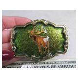 Belt Buckle: ELK Retro GreenBackground Inlaid USA