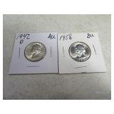 Lot(2) 1942d AU & 1958 BU Washington Quarters Slvr