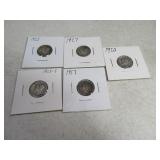 Lot(5) Mercry silver Dimes 1917,1923,1925s,1927/28