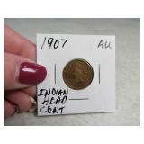 1907 AU Indian Head Cent Penny Coin