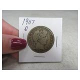 1907d Barber Head Half Dollar Silver Coin