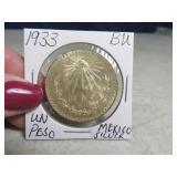 1933 BU UNC Mexico Silver Un Peso Coin