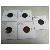 Lot(5) Indian Head Pennies Cents 1891/93/1903/06~7