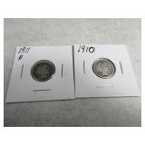 1910/1911d Barber Head Silver Dimes