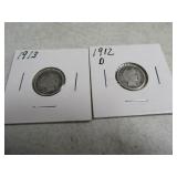 1912d & 1913 Barber Head Silver Dimes