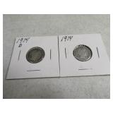 Lot(2) 1914/1914d Barber Head Dimes silver