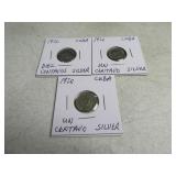 Lot(3) 1920 Un Centavo CUBA Silver Coins