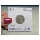 1919 50 Centimes Silver FRANCE Coin