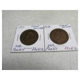 Lot(2) 1934 Bronze One Penny Great Britain Coins