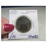 1881 Sweden Bronze 5 ORE Coin