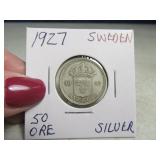 1927 Sweden 50 ORE Silver Coin