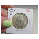 1954d AU Franklin Half Dollar silver