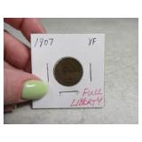 1907 full liberty Indian Head Cent Penny XF