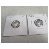 (2) 1924/1924d Mercury Dimes silver sleeved