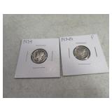 (2) 1934/1934d Mercury Dimes silver sleeved