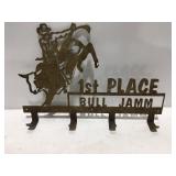 Bull, riding coat rack metal art