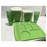 Green plasticware pitcher ice bucket trays cups
