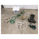 Horse feed bags and ropes in tote