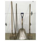 Yard tools scoop shovel, prybar, shovels