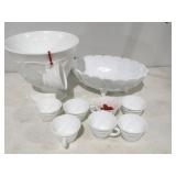 Milk glass punch bowl and cups and fruit bowl