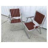 2 aluminum and wood folding lawn chairs